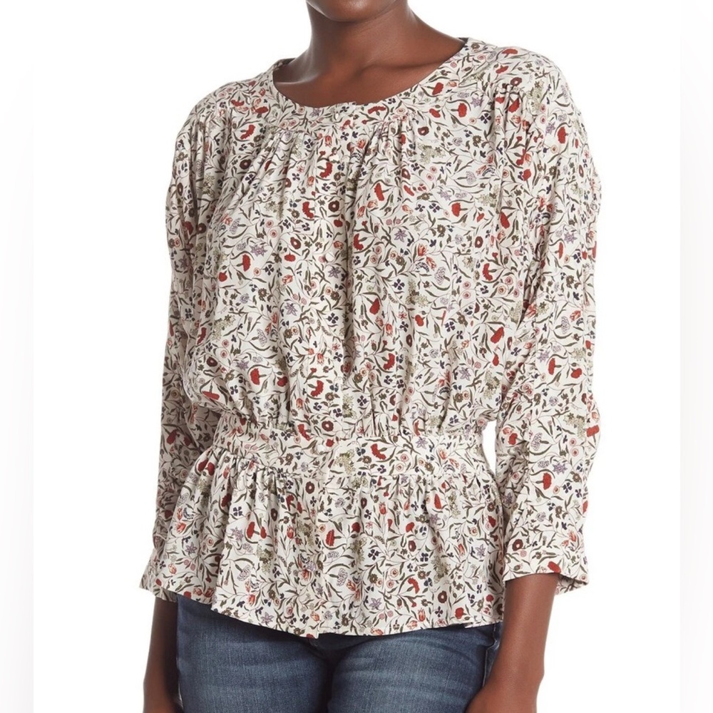 Frame Denim Off White Floral Silk‎ Quarter Sleeve Blouse Women's Size Small